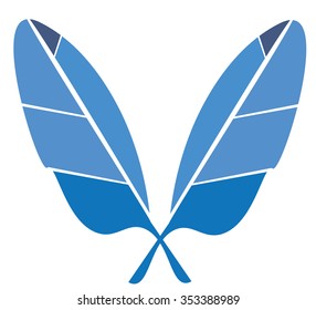 Two crossed feathers - simple illustration in blue color