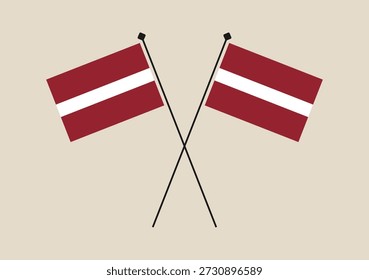 Two crossed flags of Latvia on flagpoles, a simple vector icon illustration representing national pride and international diplomacy..