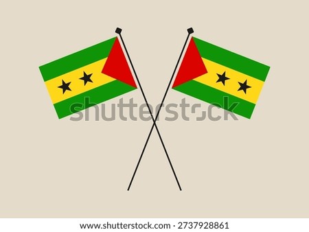 Two Crossed Flags of Sao Tome and Principe on Flagpoles, a Vector Symbol of Diplomacy and National Pride..