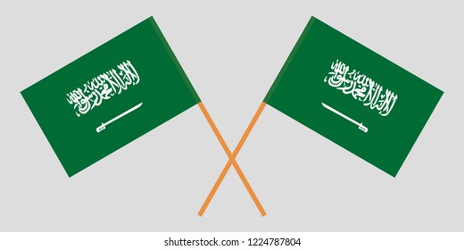 Two crossed flags of Saudi Arabia. Official colors. Correct proportion. Vector illustration