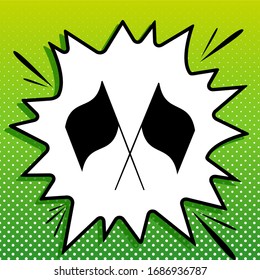 Two crossed flags sign. Black Icon on white popart Splash at green background with white spots. Illustration.