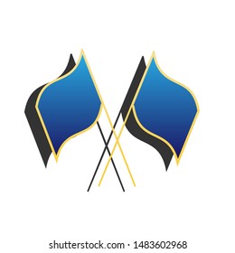 Two crossed flags sign. Blue icon with gold contour with dark gray shadow at white background. Illustration.