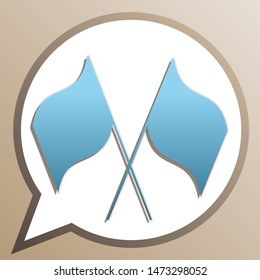 Two crossed flags sign. Bright cerulean icon in white speech balloon at pale taupe background. Illustration.