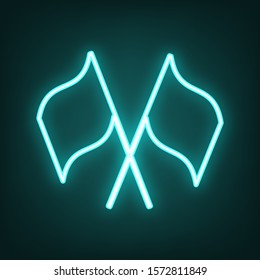 Two crossed flags sign. Cyan neon icon in the dark. Bluring. Luminescence. Illustration.