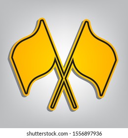 Two crossed flags sign. Flat orange icon with overlapping linear black icon with gray shadow at whitish background. Illustration.