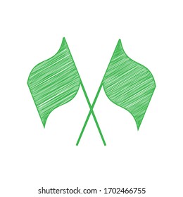 Two crossed flags sign. Green scribble Icon with solid contour on white background. Illustration.