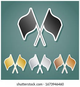 Two crossed flags sign. Set of metallic Icons with gray, gold, silver and bronze gradient with white contour and shadow at viridan background. Illustration.