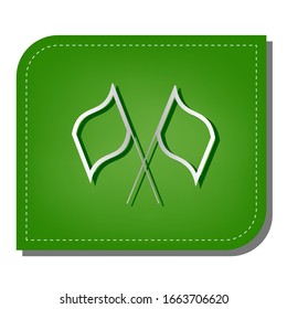 Two crossed flags sign. Silver gradient line icon with dark green shadow at ecological patched green leaf. Illustration.