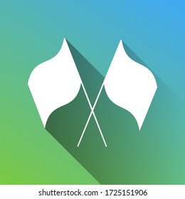 Two crossed flags sign. White Icon with gray dropped limitless shadow on green to blue background. Illustration.