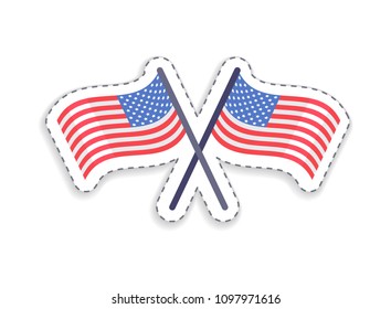 Two crossed Flags of United States, patch of patriotic symbols of freedom and glory vector illustration isolated on white, democratic signs closeup icons