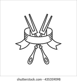 Two crossed forks with an elegant ribbon. Cutlery, Vector sign. Set for barbecue.