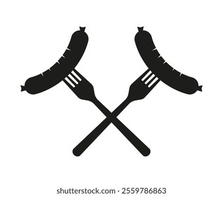 Two crossed forks holding sausages representing oktoberfest cuisine