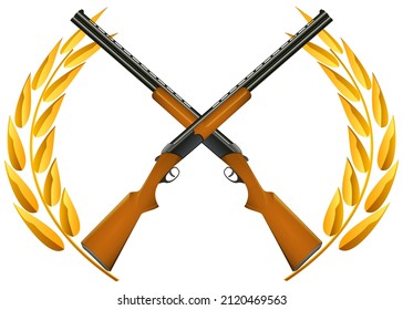 Zwei gekreuzte Gewehre, umgeben von einem goldenen Lorbeerkranz einzeln auf weißem Hintergrund