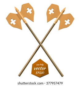 The two crossed halberds on white background. Low poly style. Vector illustration