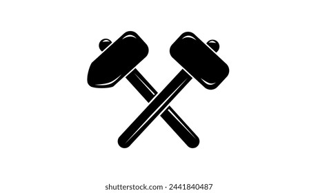 Two crossed hammers, black isolated silhouette