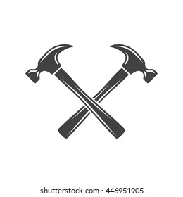 Two crossed hammers. Black on white flat vector illustration, logo element isolated on white background