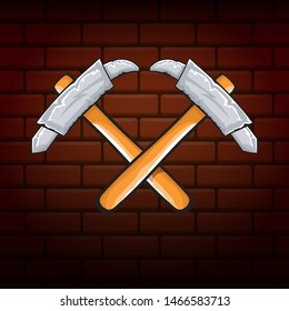 two crossed hammers isolated on brick wall industrial background. Vector graphic carpenter hammer icon or label. Handyman logo design template
