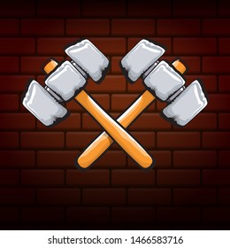 two crossed hammers isolated on brick wall industrial background. Vector graphic carpenter hammer icon or label. Handyman logo design template