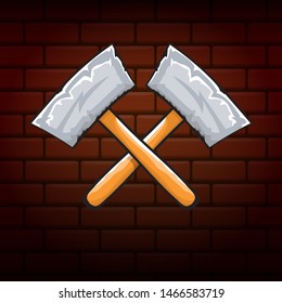 two crossed hammers isolated on brick wall industrial background. Vector graphic carpenter hammer icon or label. Handyman logo design template