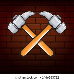 two crossed hammers isolated on brick wall industrial background. Vector graphic carpenter hammer icon or label. Handyman logo design template