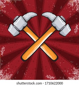 two crossed hammers isolated on red grunge background with rays. Vector graphic carpenter hammer icon or label. Handyman logo design template. 1 may Labor day poster