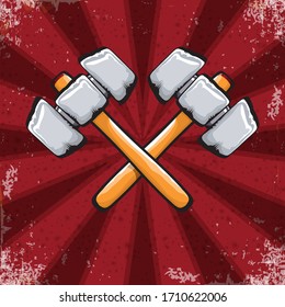 two crossed hammers isolated on red grunge background with rays. Vector graphic carpenter hammer icon or label. Handyman logo design template. 1 may Labor day poster