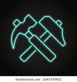 Two crossed hammers neon line icon. Repair tool, crafting equipment. Vector illustration