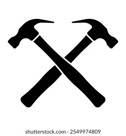 Two crossed hammers vector icon. Working tools sign. Two crossed claw hammer black silhouette. Logo element isolated on white background.