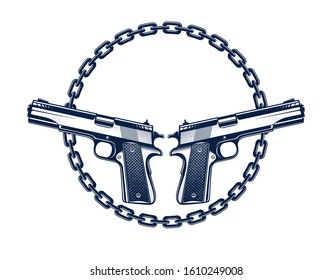 Two crossed handguns vector emblem or logo isolated on white, vintage style coat of arms crest, weapons, army force or gang sign.