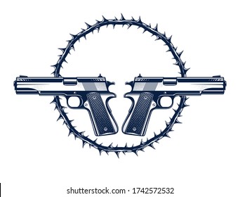 Dos pistolas cruzadas emblema vectorial o logotipo aislado en escudo de armas blanco, de estilo vintage, armas, fuerza militar o señas de pandillas.