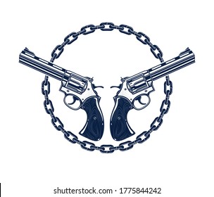 Two crossed handguns vector emblem or logo isolated on white, vintage style coat of arms crest, weapons, army force or gang sign.