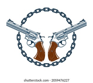 Dos pistolas cruzadas emblema vectorial o logotipo aislado en escudo de armas blanco, de estilo vintage, armas, fuerza militar o señas de pandillas.