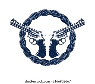 Two Crossed Handguns Vector Emblem Or Logo Isolated On White, Vintage Style Coat Of Arms Crest, Weapons, Army Force Or Gang Sign.