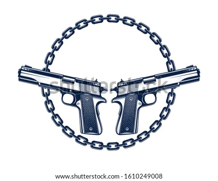 Two crossed handguns vector emblem or logo isolated on white, vintage style coat of arms crest, weapons, army force or gang sign.