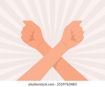 Two crossed hands clenched into a fists on a beige background with radial rays, flat vector illustration