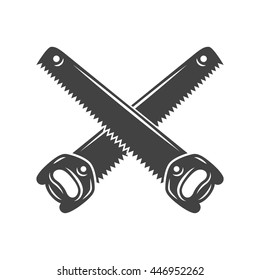 Two crossed handsaws. Black on white flat vector illustration, logo element isolated on white background