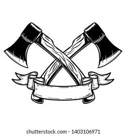 Two crossed hatchets with ribbon. Design element for logo, label, sign, poster, card, banner. Vector illustration
