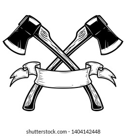 Two crossed hatchets with ribbon. Design element for logo, label, sign, poster, card, banner. Vector illustration