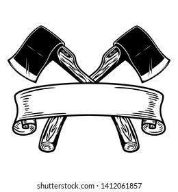 Two crossed hatchets with ribbon. Design element for logo, label, sign, poster, card, banner. Vector illustration