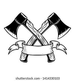 Two crossed hatchets with ribbon. Design element for logo, label, sign, poster, card, banner. Vector illustration