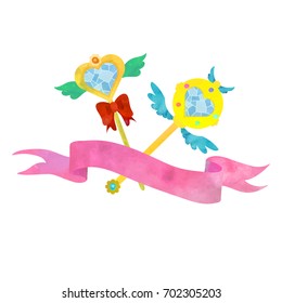 Two crossed heart wands for evil fighting magical girl. Poster or t-shirt design on white background. Watercolour imitation