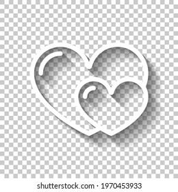 Two crossed hearts, wedding or marriage. White linear icon with editable stroke and shadow on transparent background