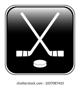 Two crossed hockey sticks and puck icon on white background. Vector illustration.