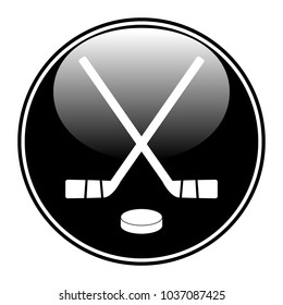 Two crossed hockey sticks and puck icon on white background. Vector illustration.