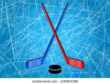 Two crossed hockey sticks and a puck. Vector illustration