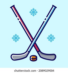 Two crossed hockey sticks and a puck colored icon. Collection of winter icons on the theme of sports and outdoor recreation. Vector stylish outline illustrations on light blue background.