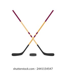 dos palos de hockey cruzados y una ilustración vectorial de diseño plano. Palos de hockey, señales con disco aislado sobre fondo blanco. Símbolo de equipamiento deportivo