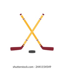 dos palos de hockey cruzados y una ilustración vectorial de diseño plano. Palos de hockey, señales con disco aislado sobre fondo blanco. Símbolo de equipamiento deportivo