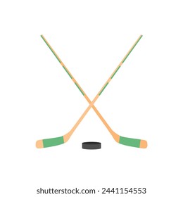 two crossed hockey sticks and a puck flat design vector illustration. Hockey sticks, cues with puck isolated on white background. Sport equipment symbol