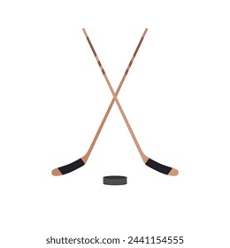 dos palos de hockey cruzados y una ilustración vectorial de diseño plano. Palos de hockey, señales con disco aislado sobre fondo blanco. Símbolo de equipamiento deportivo